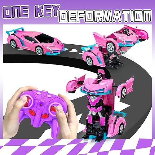 Miniatura 2 de Coche a control remoto, juguetes de auto para niñas, regalos de cumpleaños, 118, robot de transformación rosa, con luces LED giratorias de 360 y un