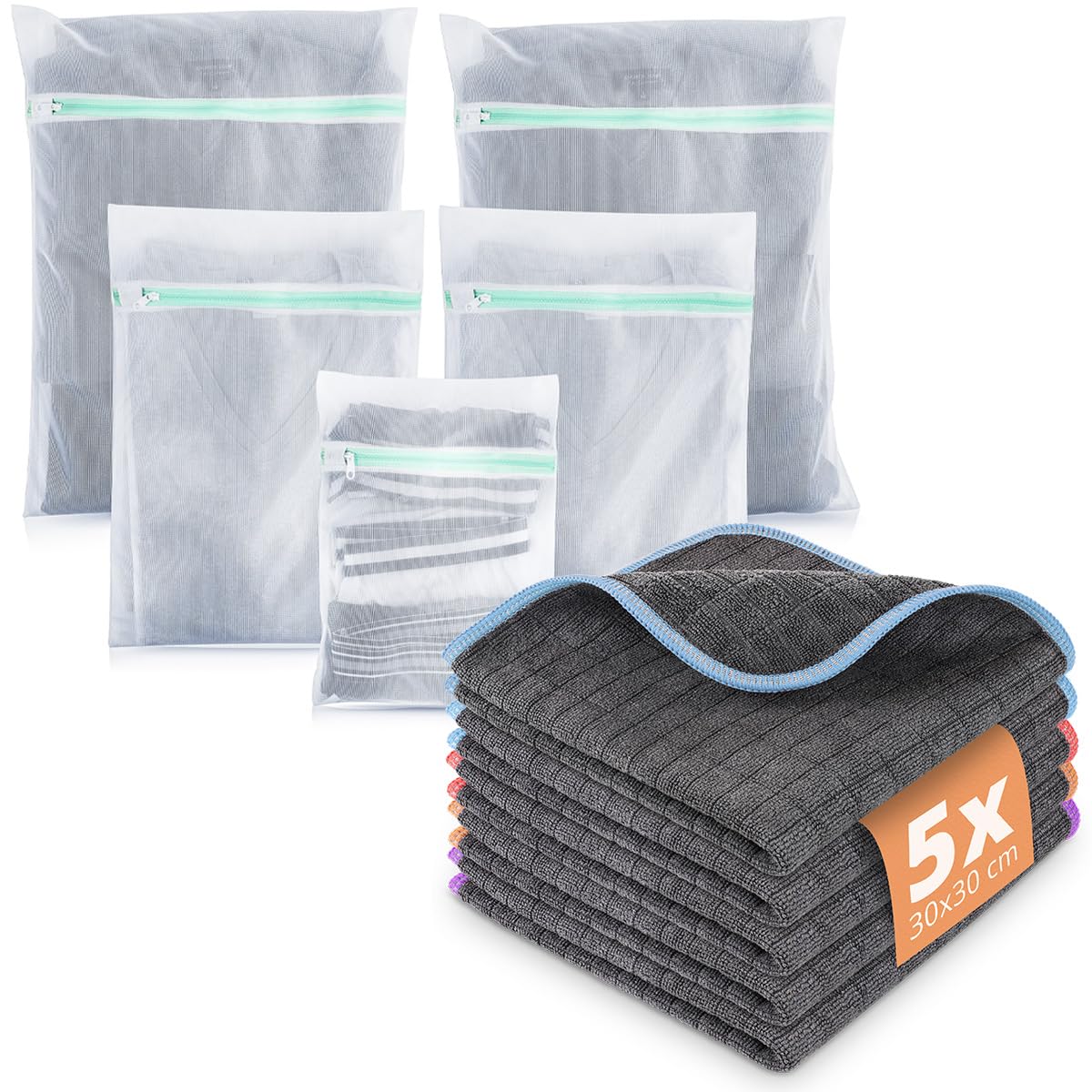 LAVANDOLA® Wäschenetze Mikrofaser Set - 5x Wäschesäcke für Waschmaschine - 5x saugstarke Mikrofasertücher 380GSM - Wäschebeutel für Socken - Kochfest und für Trockner geeignet
