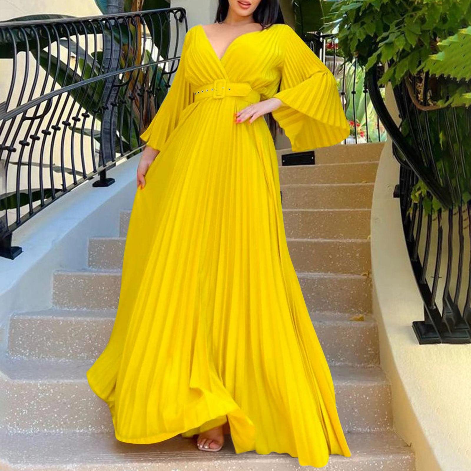 Abito lungo da donna, vintage, con scollo a V, per feste, matrimoni, maxi abito swing, elegante, plissettato, da cocktail, da sera, con cintura, grandi dimensioni, da ballo, sottoveste, gonna a pieghe