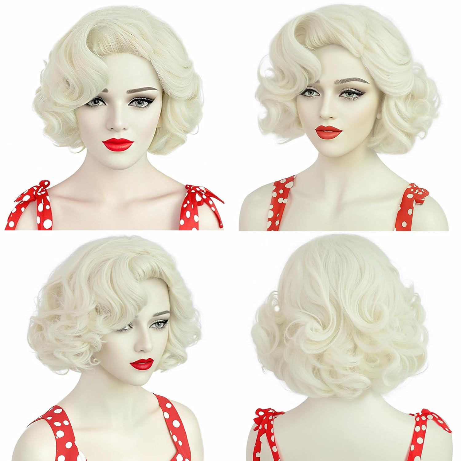 ANOGOL Hair Cap+ White Curly Wig Women Short Blonde Wig Cosplay Big Wavy 80s Flip Wigs Blonde Wavy Bob Wigs White Synthetic Hair Halloween Party Costumes Classic Outfit (Non-Lace) - Image 6
