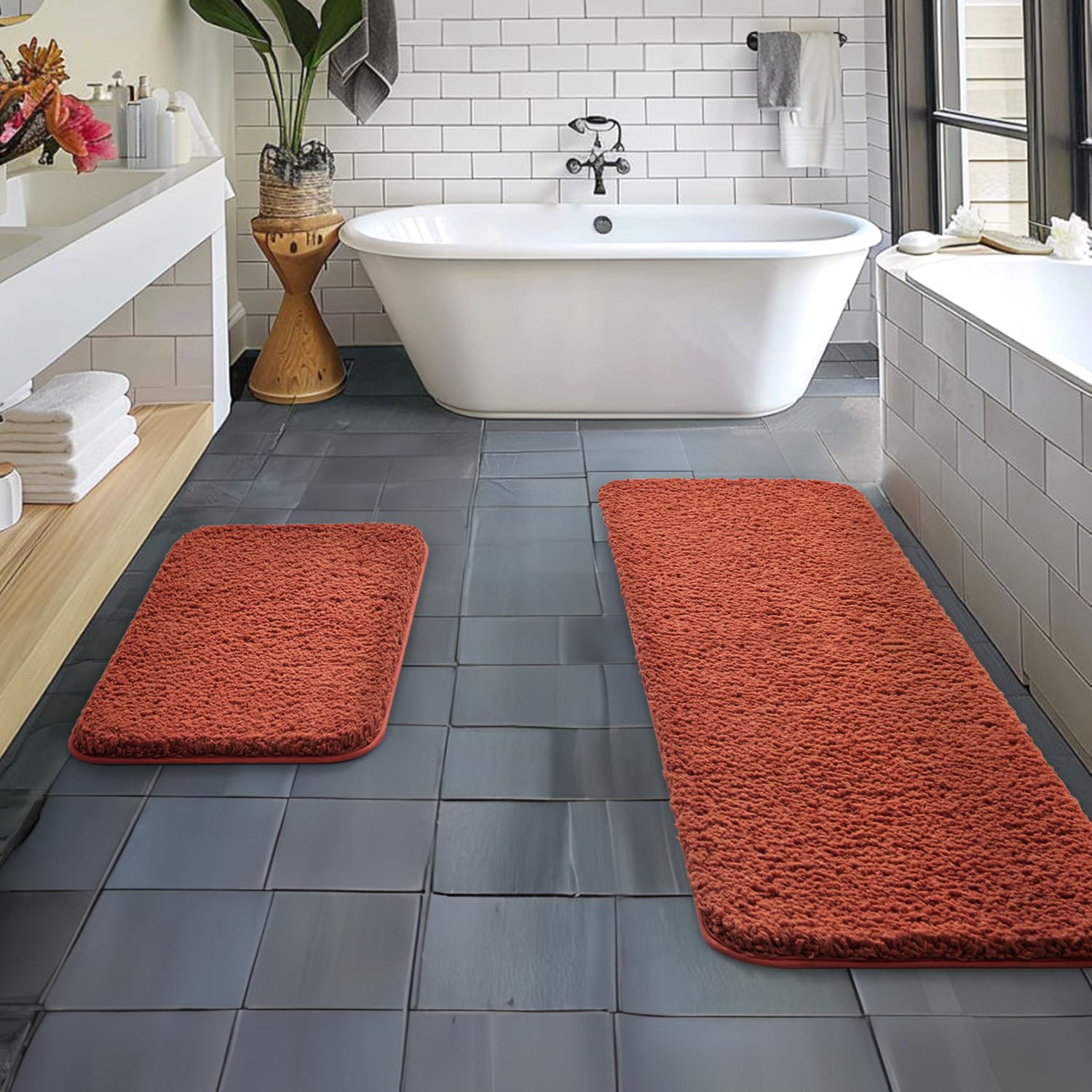 MIULEE Rust Microfiber Bathroom Rugs and Mats Sets 2 Pieces Extra Thick Non Slip Bath Mat Absorbent Soft Shaggy Washable Quick Dry Rug for Bath Room
