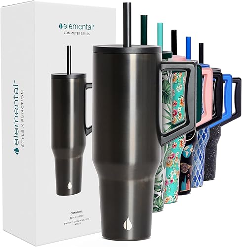 Elemental Vaso de 40 onzas con asa y pajilla, a prueba de derrames, de acero inoxidable, aislado para bebidas calientes y frías, taza de café de