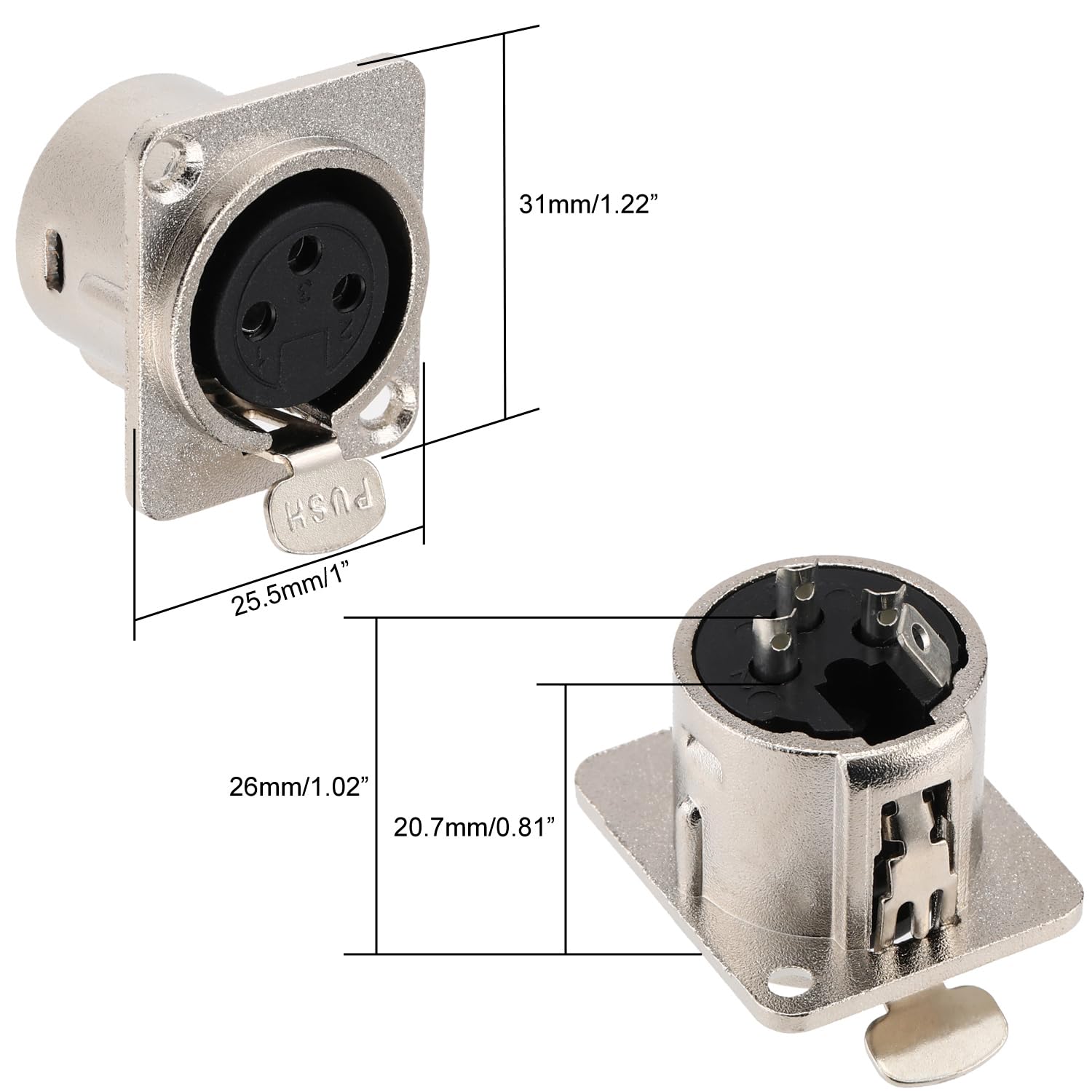 Connettori femmina XLR a 3 pin Greluma per montaggio a pannello, jack femmina, contatti rame placcato nichel, alloggiamento metallo
