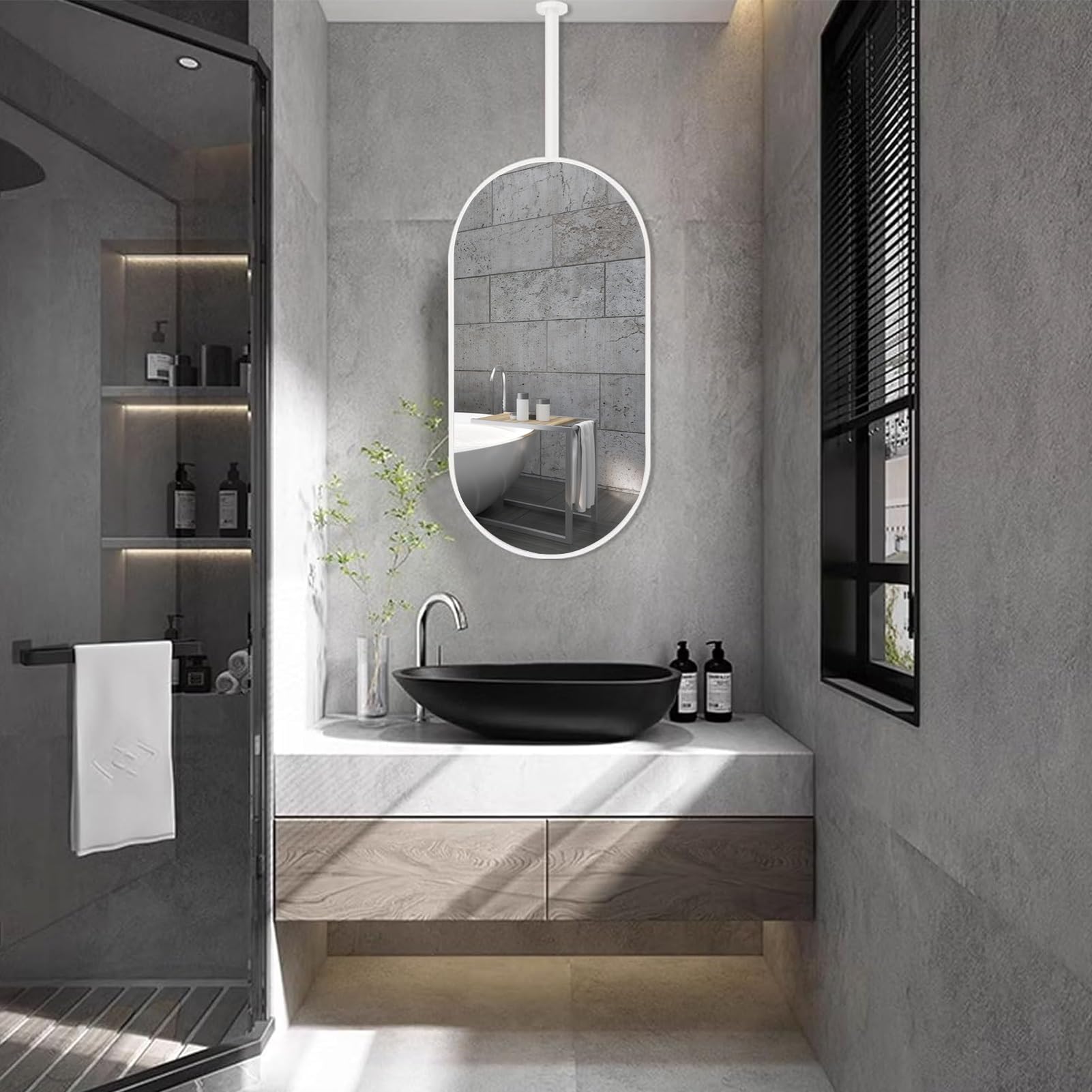 FGXHHS , White Ceiling Mounted Decorative Simple Mirrors for Wall Washroom Vanity Makeup Oval Mirror - Customizable Rod (Size : 50cmx70cm)