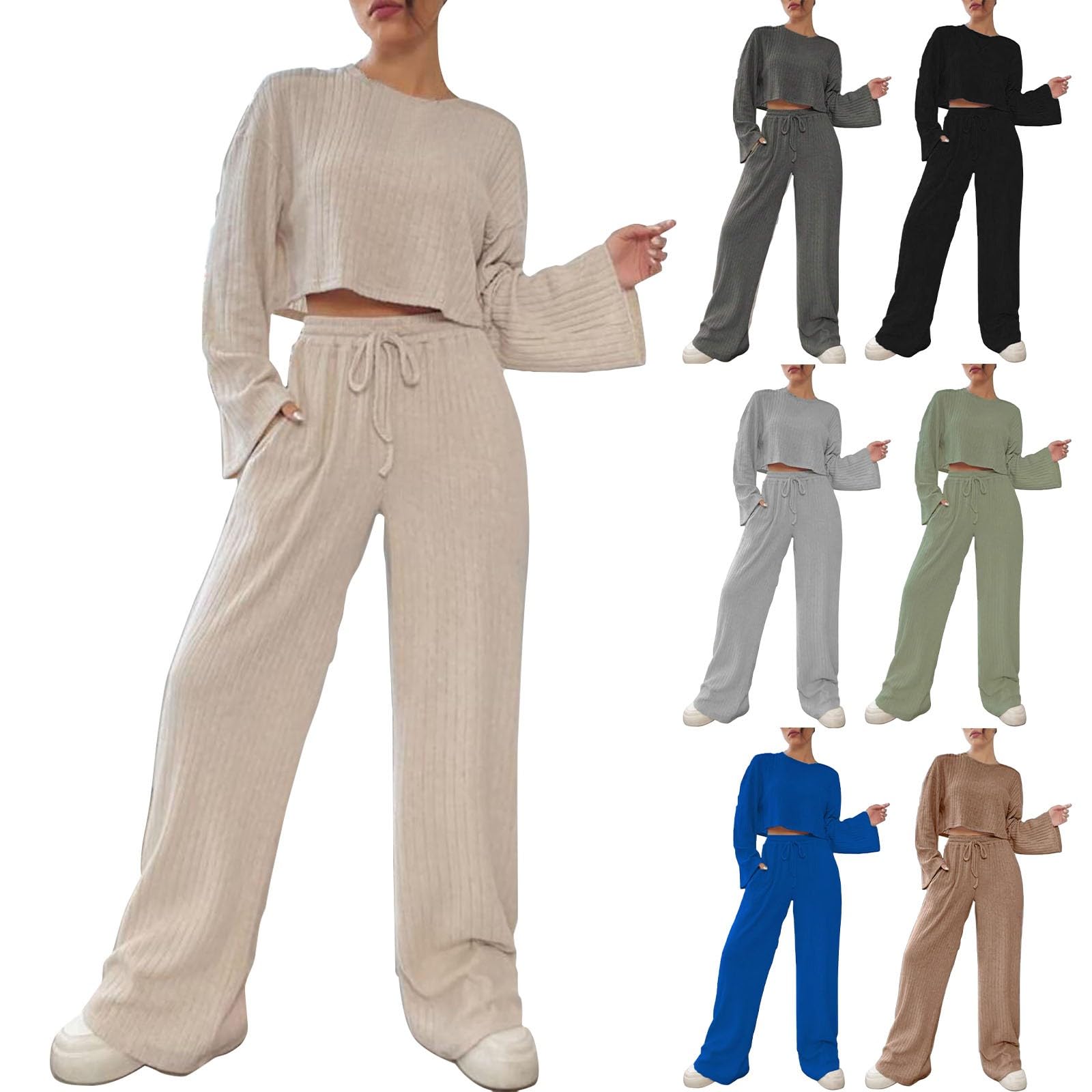 Pantaloni da jogging da donna a coste, con top cropped + gamba larga, pantaloni da jogging a vita alta, felpa a maniche lunghe, tinta unita, per il tempo libero Hip Hop Streetwear