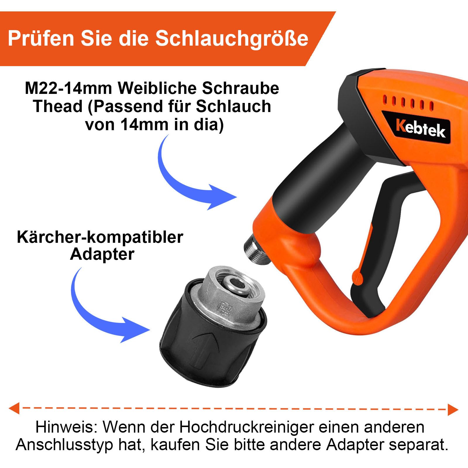 Kebtek Hochdruckreiniger Pistole 5200PSI mit Schaumkanone 1L, 6-in-1 Verstellbarer Düse, Adapter Kompatibel mit Kärcher K2-K7 (MRP-001-A)