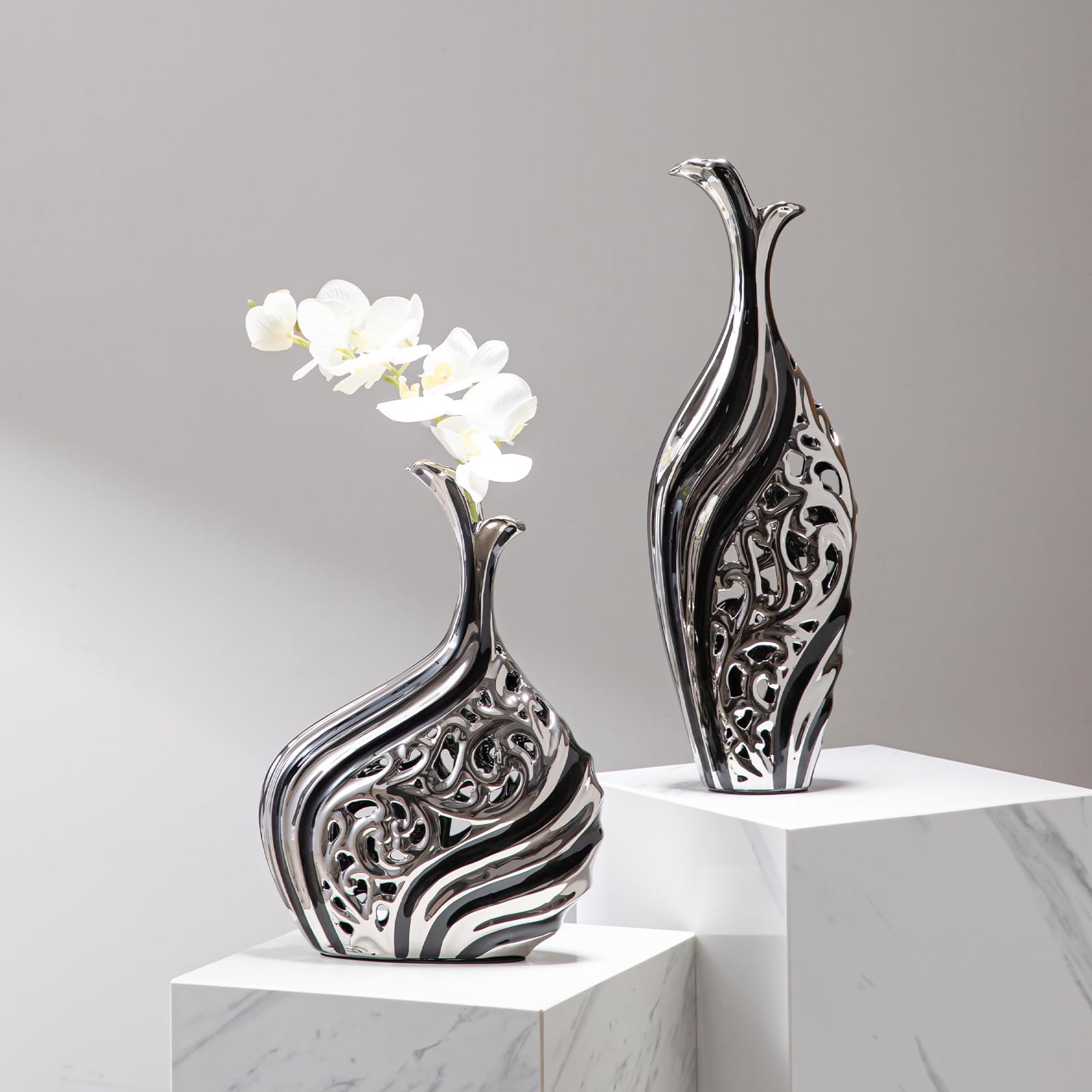 LCCCK Jarrón Alto Decorativo de Piso de 50 cm de Altura, Moderno Jarrón Grande de Piso Negro y Plateado, Decoración Premium para Bodas, Jarrón de Flores Individuales para Hierba de Las Pampas
