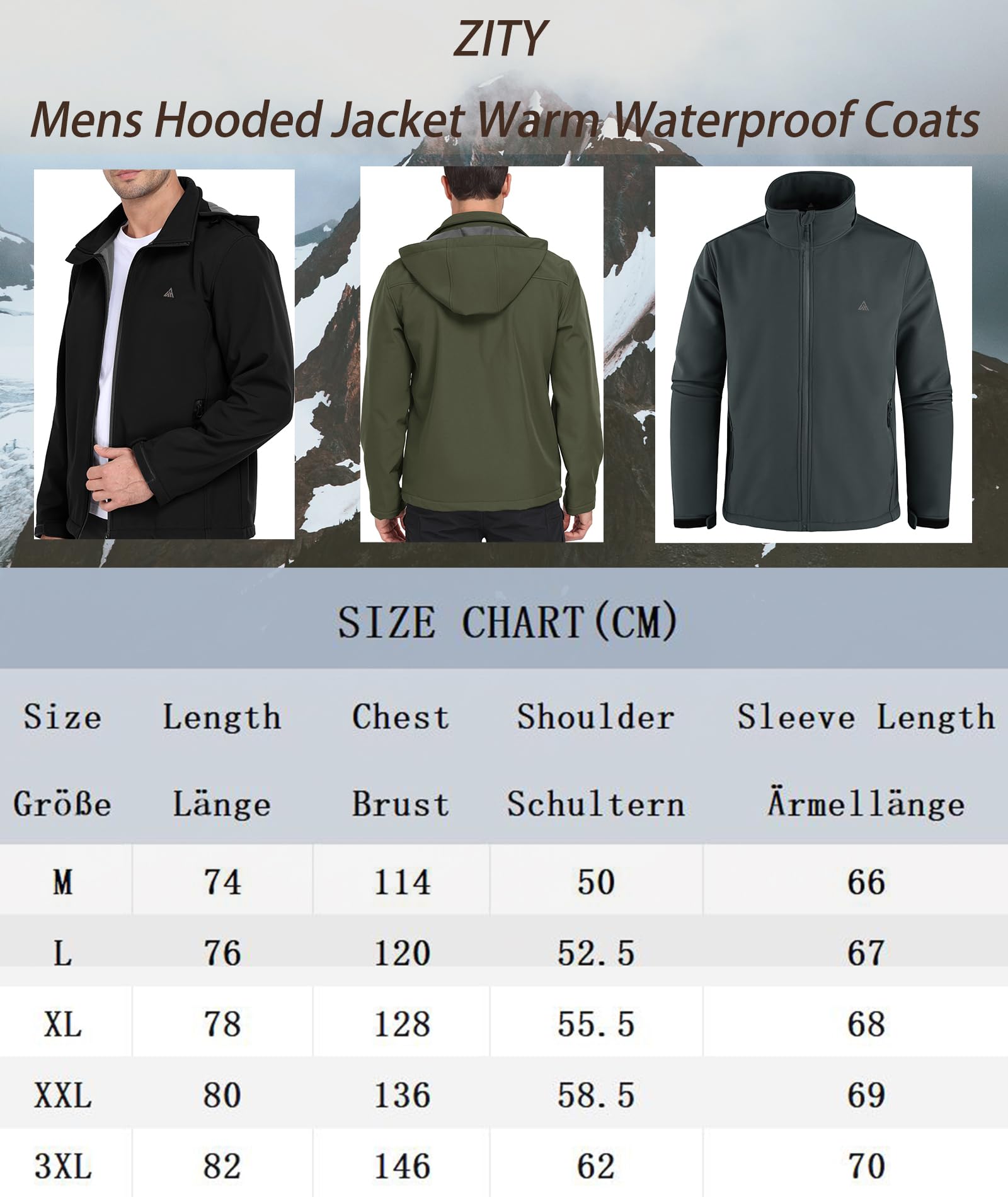 ZITY Veste de Randonnée Homme Polaires Veste Softshell Blousons Chaude à Capuche Hiver Manteaux Imperméables avec Poches pour Camping Pêche