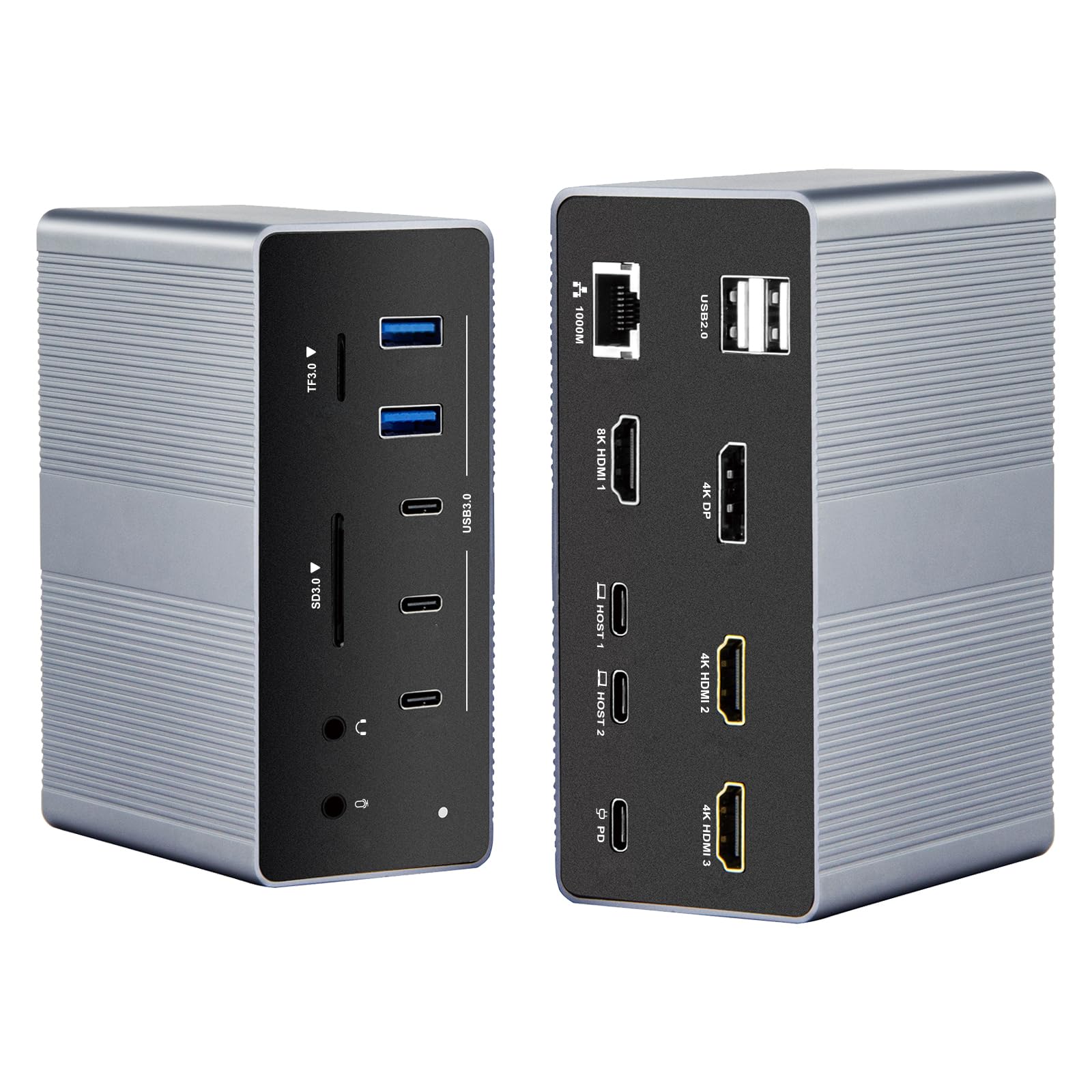 Station d'accueil USB C 19 en 1, Dock USB C Double Hôte avec 4 Écrans, Triple HDMI + DP, 8K@30Hz & Double 4K@60Hz, Hub USB Multiports avec PD 100W, RJ45 Gigabit, SD/TF, Audio pour Windows MacBook