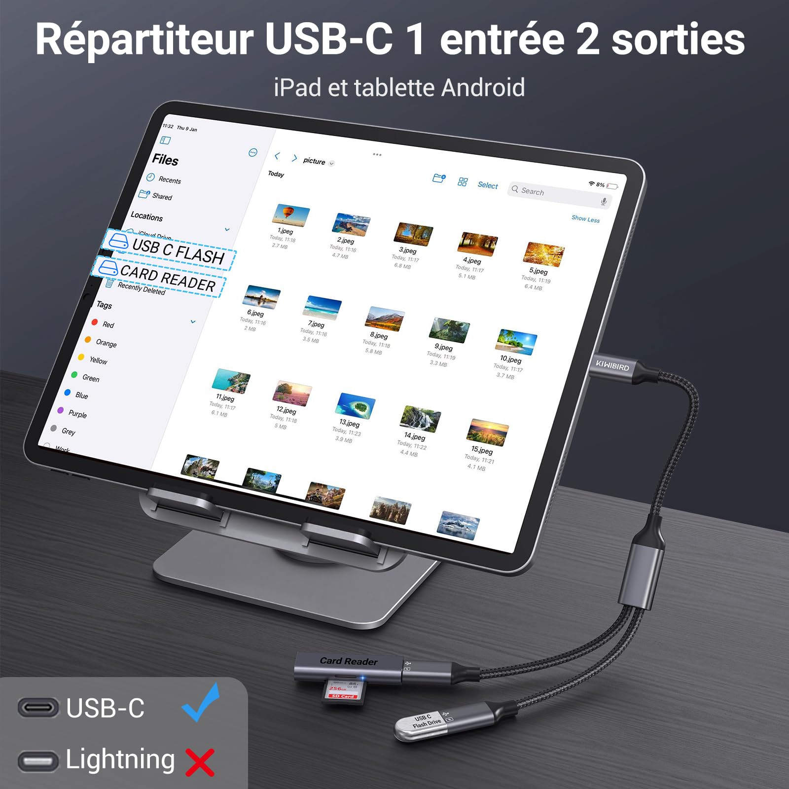 Adaptateur Double USB C mâle vers femelle KiwiBird pour charge données ordinateur portable Mac