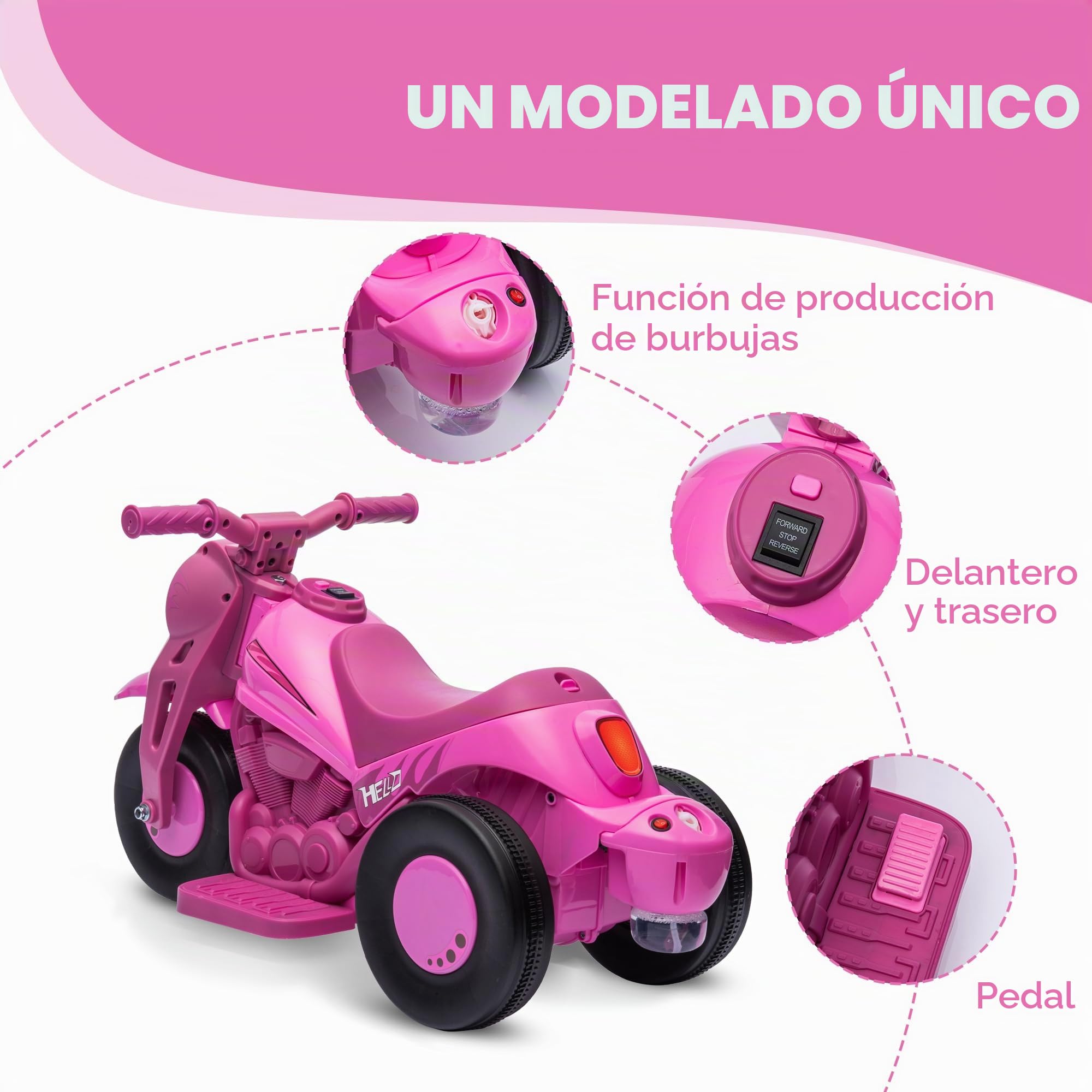 AIYAPLAY Moto Eléctrica Niños 3 Ruedas 6V 3km/h 2-5 Años Rosa | Coche Eléctrico Niños, Efectos Luminosos y Sonidos, Función Burbujas, Carga Máx. 30 kg