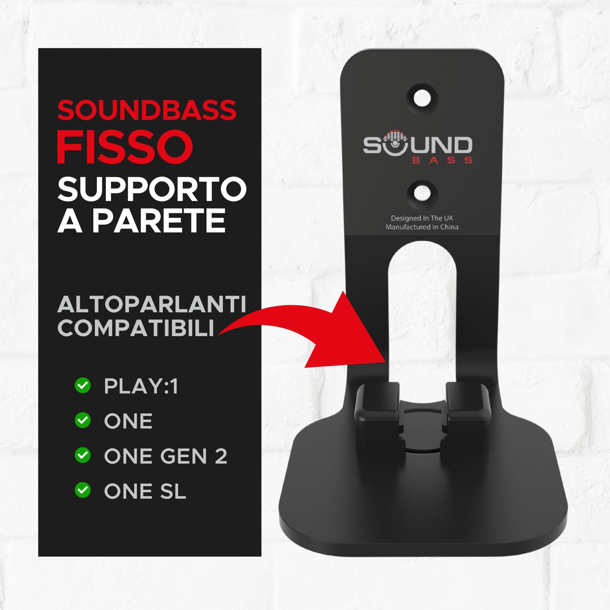 Sound bass ONE, ONE Gen 2, ONE SL & Play:1 Staffa per montaggio a parete, nero, compatibile con Sonos ONE, ONE Gen 2, ONE SL & PLAY1 Altoparlante, Progettato nel Regno Unito