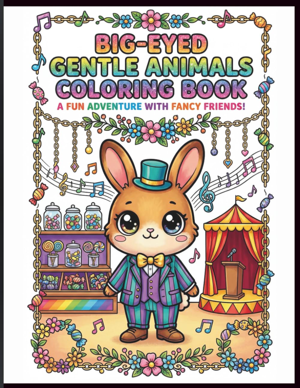 Big-Eyed Gentle Animals Colouring Book: 50 Kawaii Cute Creatures in Candy Shops, Circus Acts and Whimsical Scenes for Kids, Teens and Adults