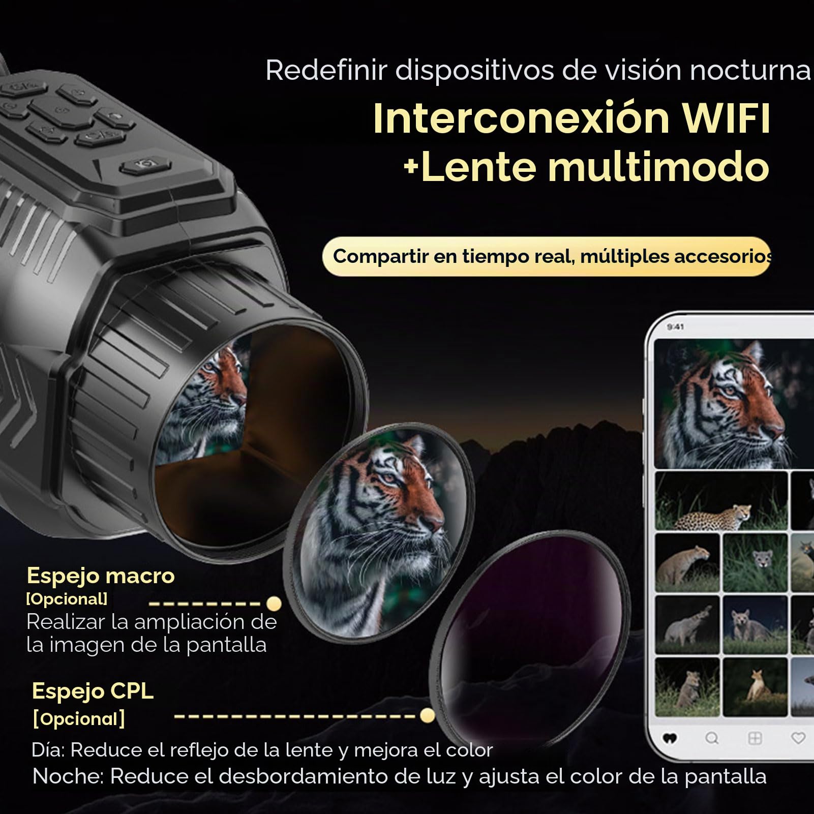 Denash Gafas de Visión Nocturna, Telescopio Monocular Infrarrojo Digital 4K, Binoculares de Visión Nocturna Recargables con Zoom de 28x para Acampar el Senderismo