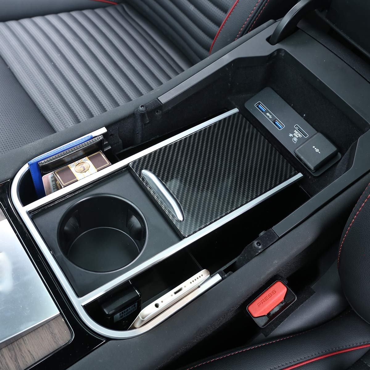 For LR Discovery Sport 2020 ABS Center umowy podłokietnik pudełko wielofunkcyjne pudełko do przechowywania push-pull ukryte pudełko do przechowywania tacka akcesoria do wnętrza samochodu (włókno węglowe)