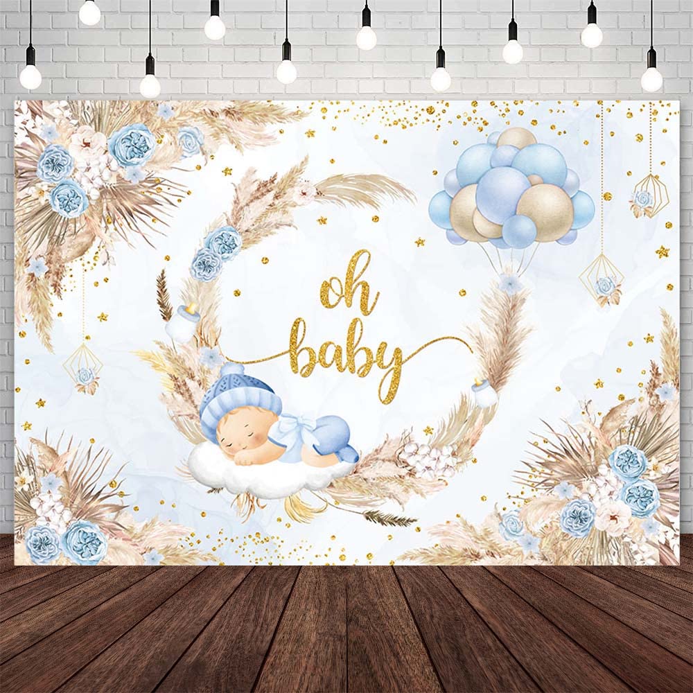 AIBIIN 7x5ft Oh Baby Backdrop for Boys Blue Boho Floral Balloon Baby Shower Photography Background Watercolor Pastel Baby Shower Party Decorations