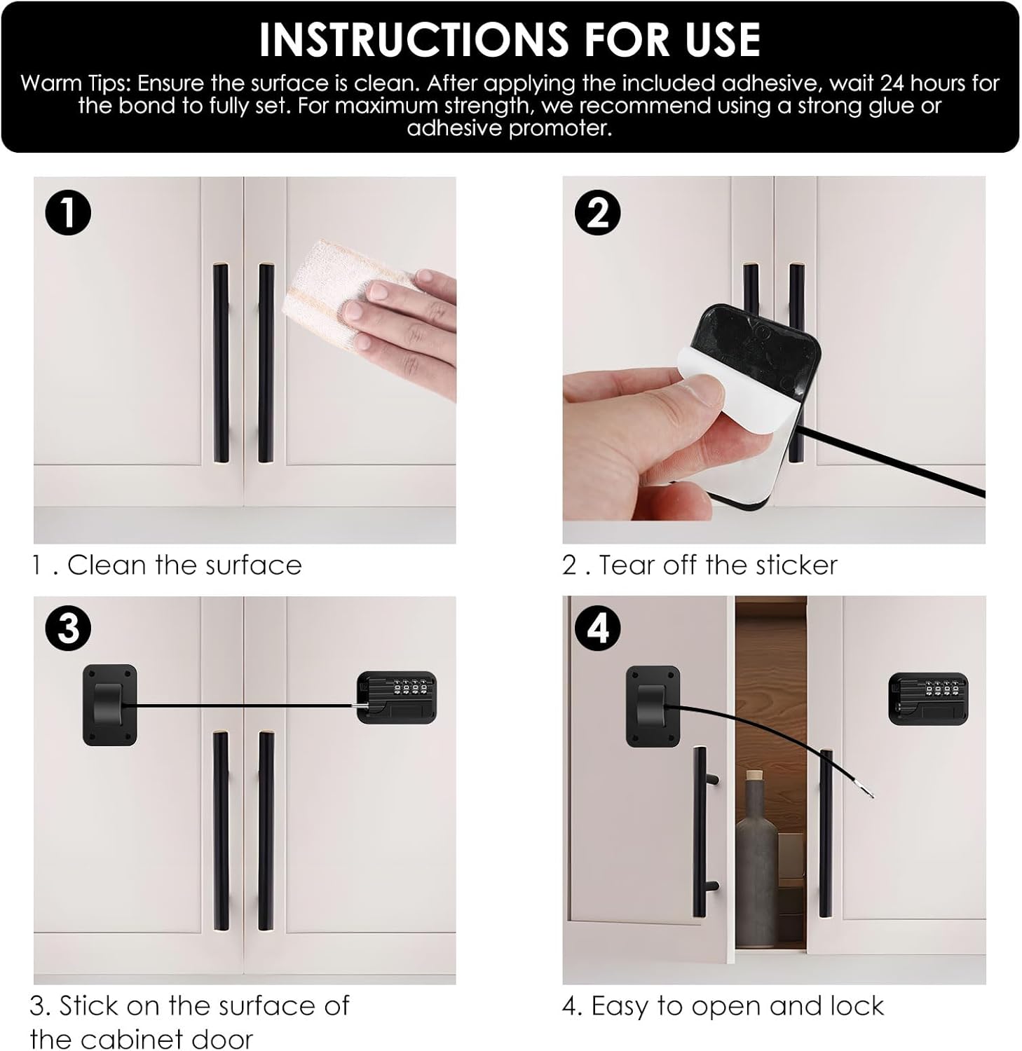 4 Pack Refrigerator Lock, Heavy Duty Refrigerator Locks Kit with Password, Drill-Free Childproof Cabinet Fridge Locks, Safety Freezer Combination Lock for Refrigerator Cabinets Drawers Window, Black