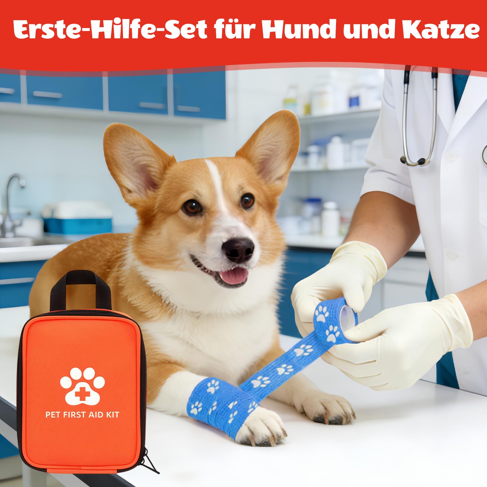 Esoes Erste-Hilfe-Set für Hund und Katze [128 Teile] Erste Hilfe Set für Kleintiere Notfallset für Hunde & Katzen Ideal für Haustiere, für Zuhause beim Wandern oder Unterwegs