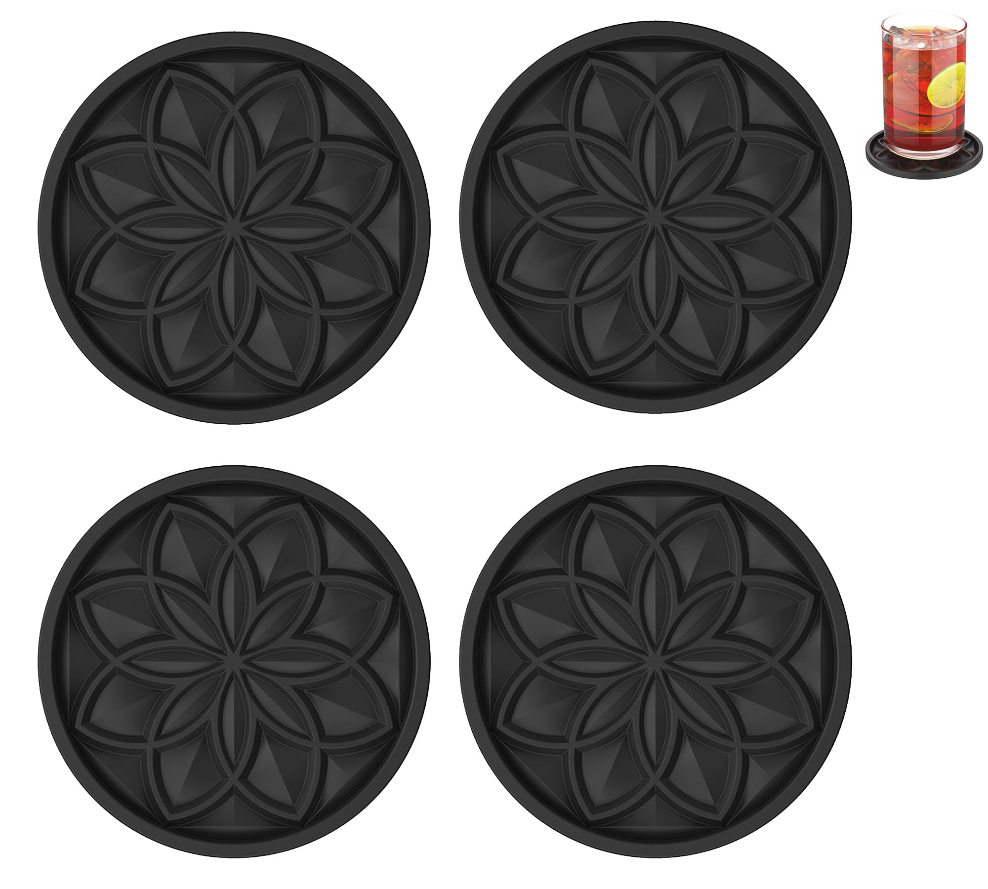 HFHOME Coasters for Drinks 4 Pcs Silicone Coasters Set, Drink Coaster for Coffee Table, Table Cup Mat Desk Coaster for Drinks, Bar Coasters for Home Decor Tabletop Protection Gift - Black