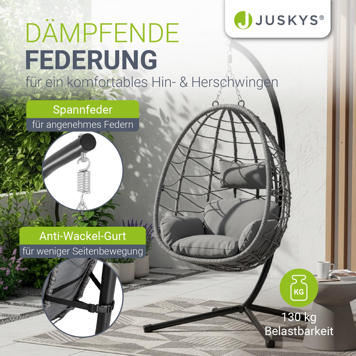 Juskys® Hängesessel Aria mit Gestell höhenverstellbar, faltbar & ergonomisch - Outdoor & Indoor - bis 130 kg - Polyrattan Korbhängesessel inkl. Kissen - Grau