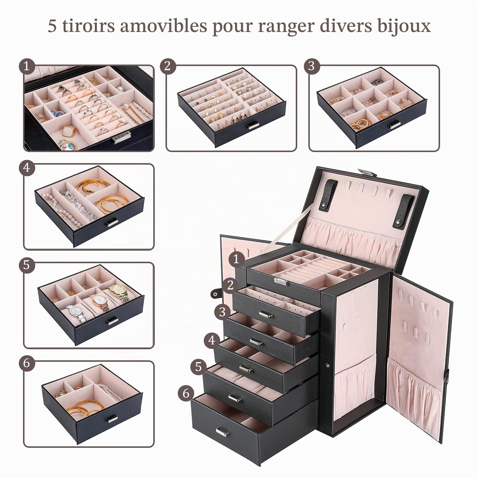 ProCase Boîte à Bijoux 6 Compartiments, Coffret à Bijoux Cuir Gainé, Sans Perdre ou Abîmer les Bijoux, Cadeau Noël Anniversaire Fête de Mère-Noir