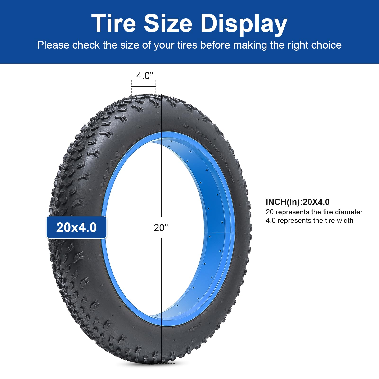 20x4.0 Fat Bike Pneu 102-406 Pneus 20x4 Pliable, pneus 20 pouces adaptés aux pneus de vélo 20 x 4,0 Ebike/Mountain/Road/City Roues de secours (E)
