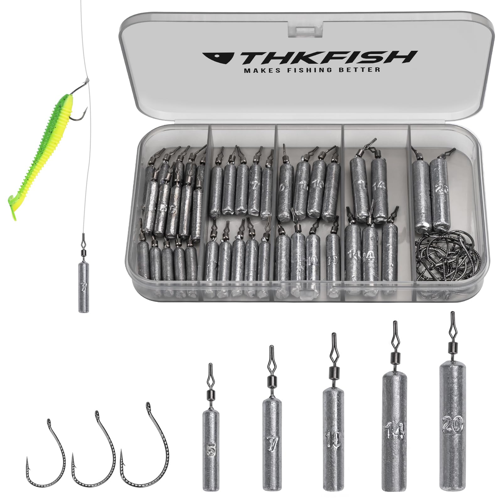 THKFISH Fishing Weights Sinkers Set, 60PCS Fishing Sinker Drop Shot Weights Kit,Drop Shot Rig Wacky Hooks for Saltwater Freshwater Bass Fishing,3/16oz-3/4oz