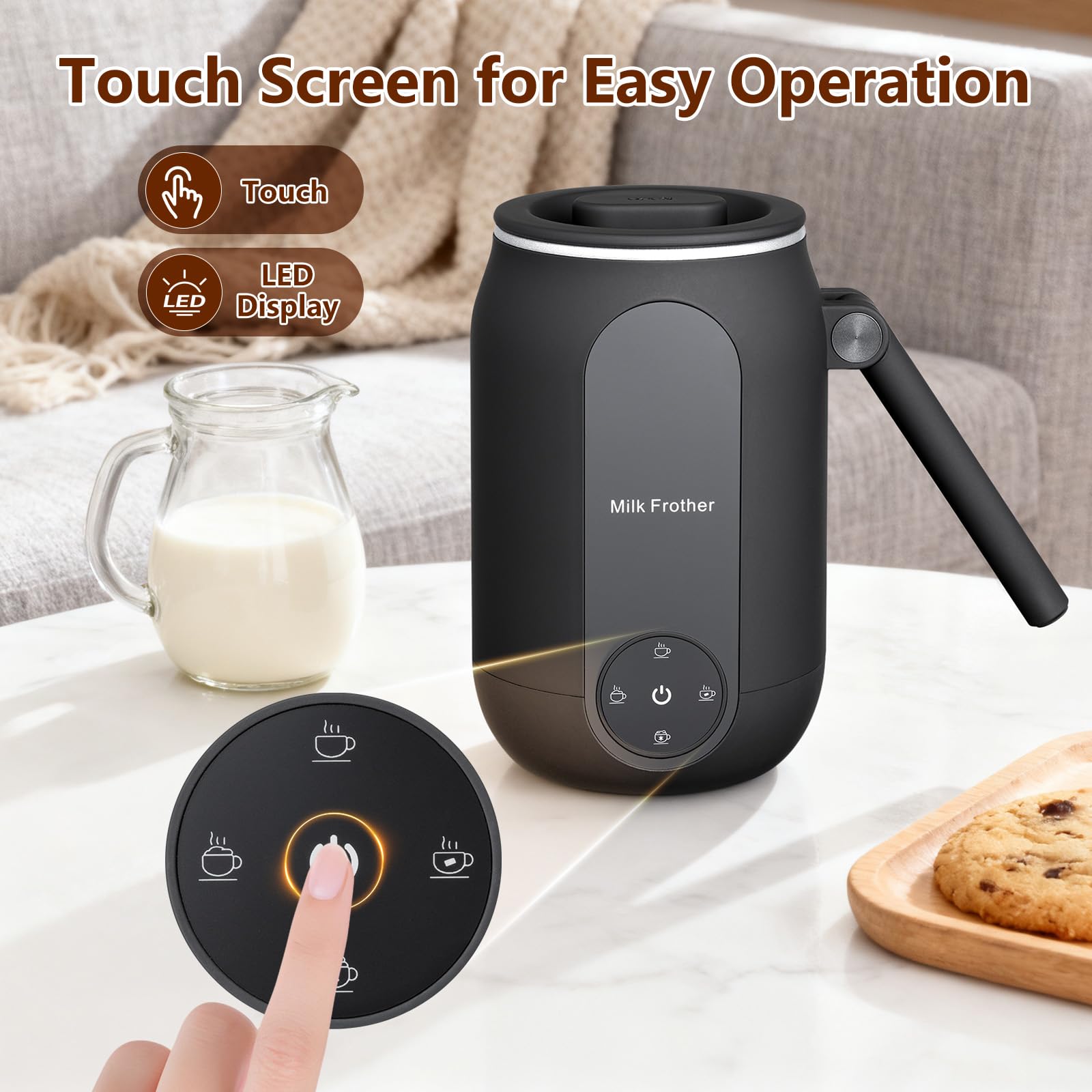 Fagalil Montalatte Elettrico, Montalatte 4 in 1 con Controllo Smart Touch e Manico Pieghevole Schiumatore Caldo e Freddo per Caffè Cappuccino Latte Cioccolata Calda (250 ml)