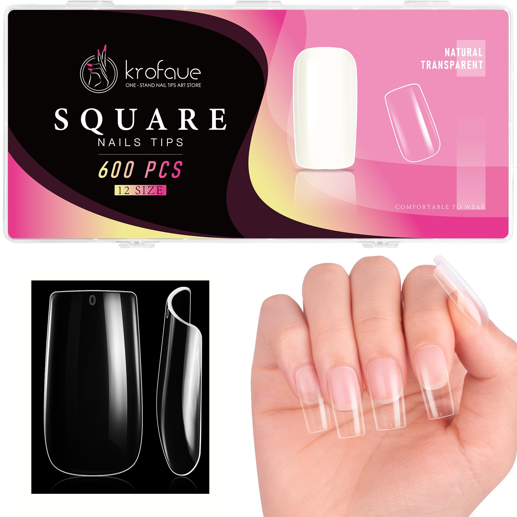krofaue Square Nails Tips 600Pcs False Acrylic Fingernails Clear Nails Tips Full Cover French Artificial Nails Tip 12 Sizes with Box for Nail Tips Art Salons and Home DIY(Clear)