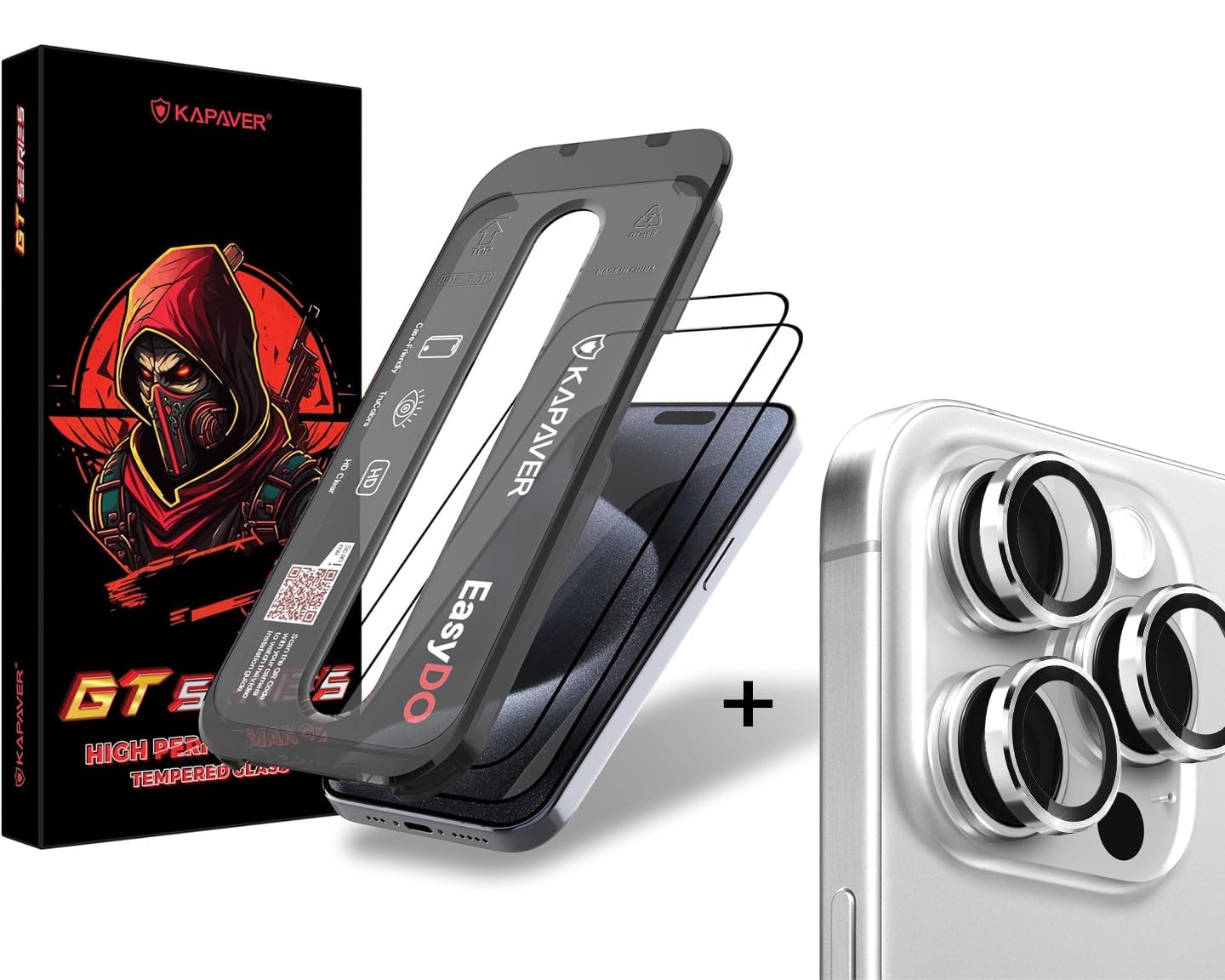 KAPAVER GT Series [3+1] Clear Tempered Glass + Camera Lens Protector (Gray) for iPhone 15 Pro Max [3+1 Pack with EasyDO Applicator]