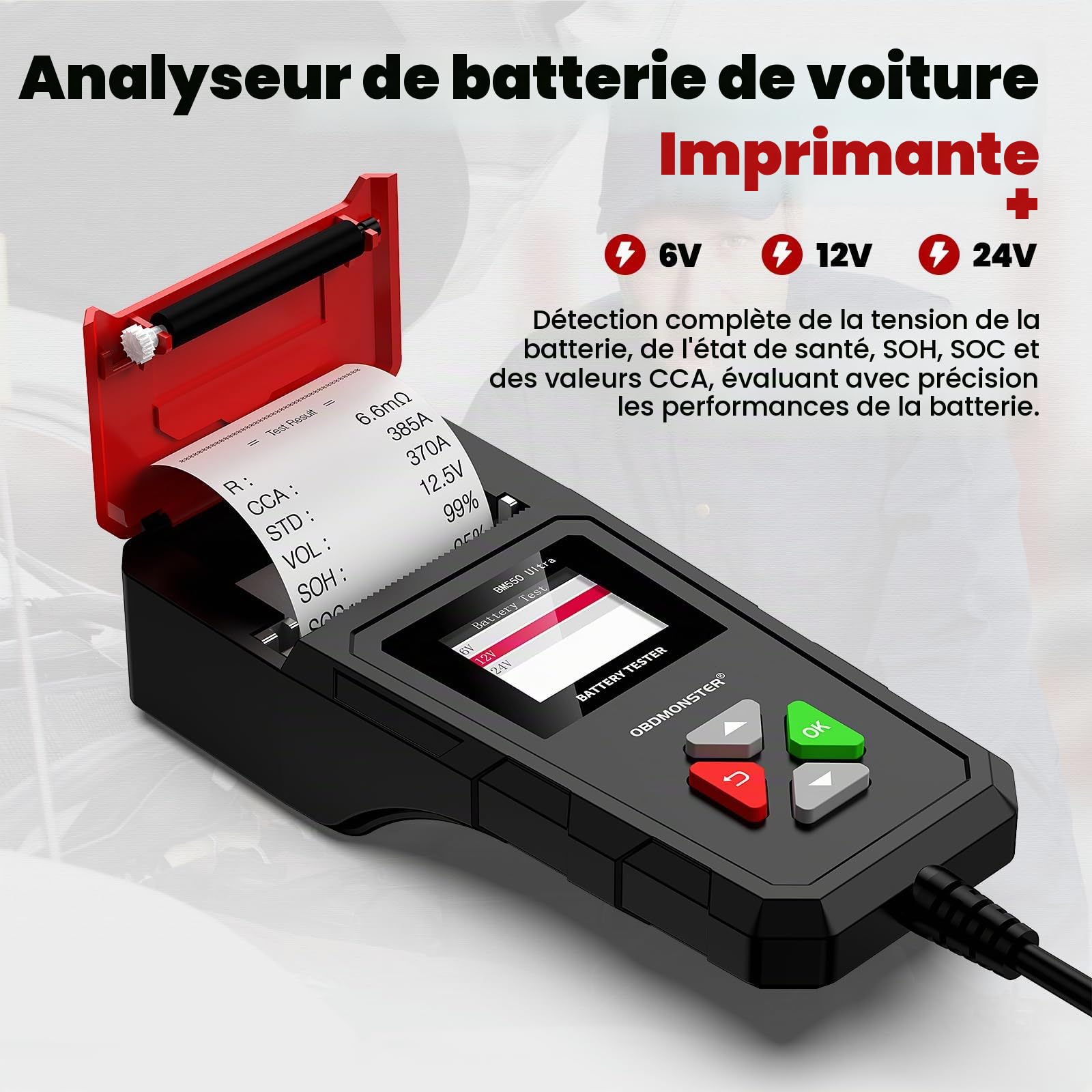 BM550U Testeur Batterie Voiture avec Imprimante Intégrée,Testeur De Batterie Voiture 6v 12v 24v,100-2000 CCA 2-200AH Testeur D’Alternateur Automobile,Pour Voiture Camion Suv Moto Bateau