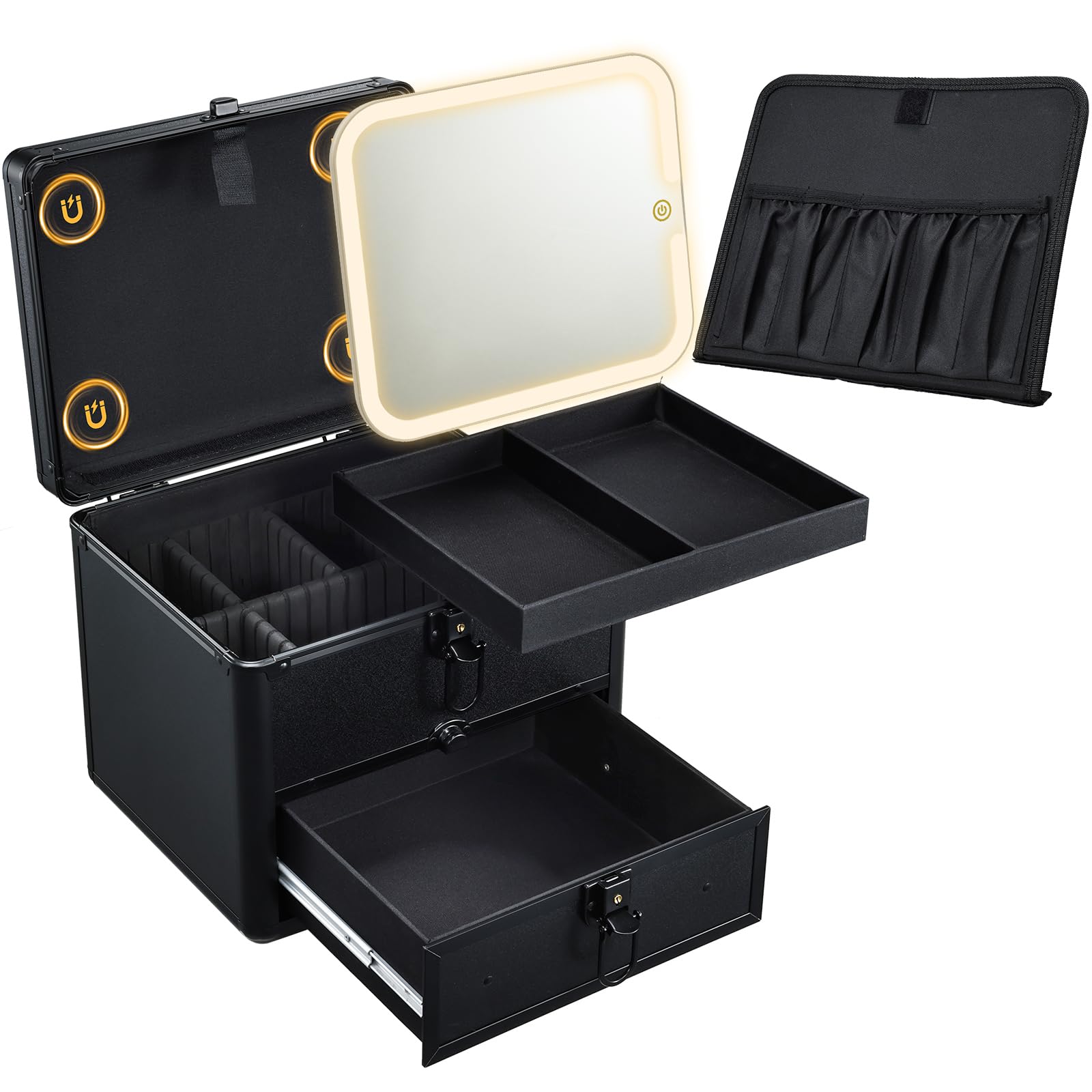 Beauty case con specchio a LED, scatola per il trucco rimovibile con specchio luminoso, portatile, beauty case per truccatori con divisori regolabili e porta pennelli da trucco, Nero con cassetto