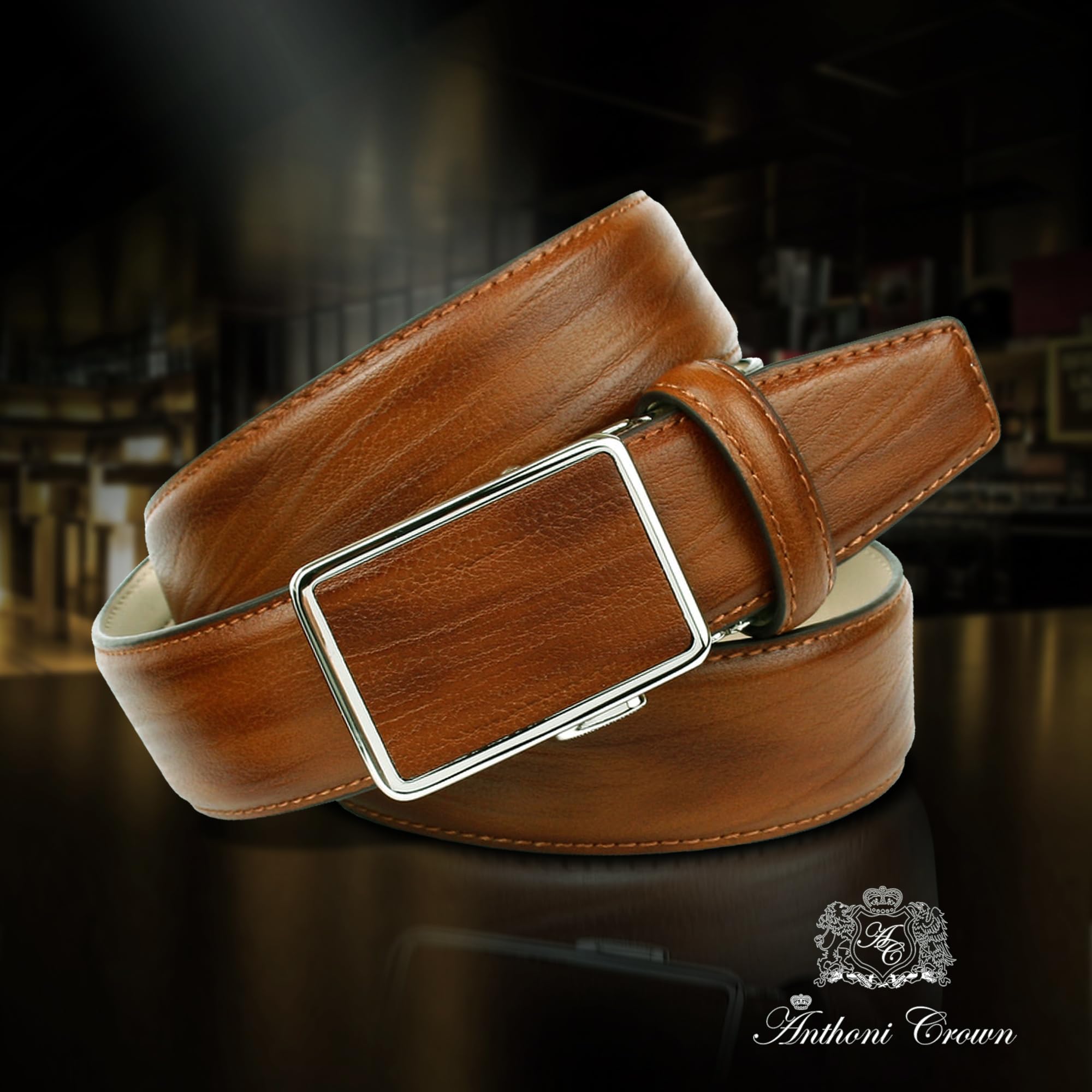 Anthoni Crown Gürtel Cognac Herren, Automatik Schnalle, ohne Löcher, Breite 35 mm, für Anzug und Freizeit, Modell 17JS30