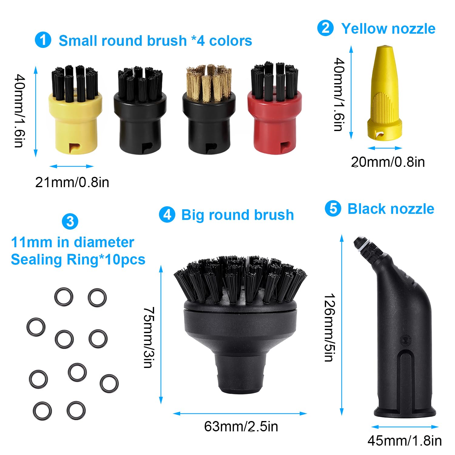 7 Pcs Accessoire Karch- Nettoyeur Vapeur Set, 4 Brosses Karch-ER, 1 Rondes Grande und 2 Buse Pièces Détachées, pour Kärch-ER SC1 SC2 CTK10 SC3 SC4 SC5 SC7
