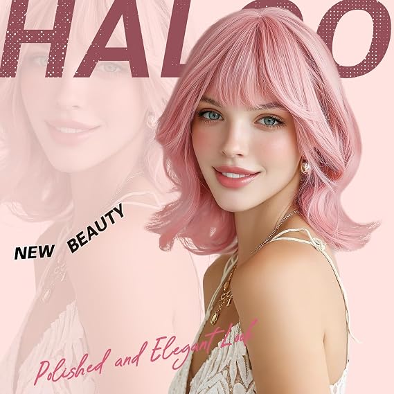 Pink Short Bob Wigs with Bangs Shoulder Length Wavy Layered Flipped Ends Natural Looking Medium Synthetic Hair Wig for Women Daily Party, 14 Inch