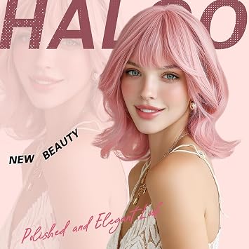 Pink Short Bob Wigs with Bangs Shoulder Length Wavy Layered Flipped Ends Natural Looking Medium Synthetic Hair Wig for Women Daily Party, 14 Inch