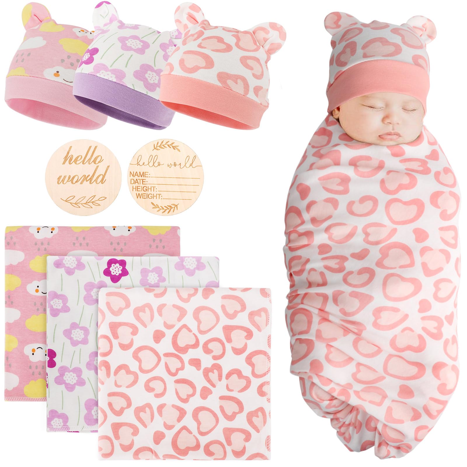 DRESHOW BQUBO Cotton Baby Swaddle Hat Set Newborn Infant Receiving Blankets with Bear Ears Hat Wooden Birth Announcement Card Newborn Unisex Swaddle