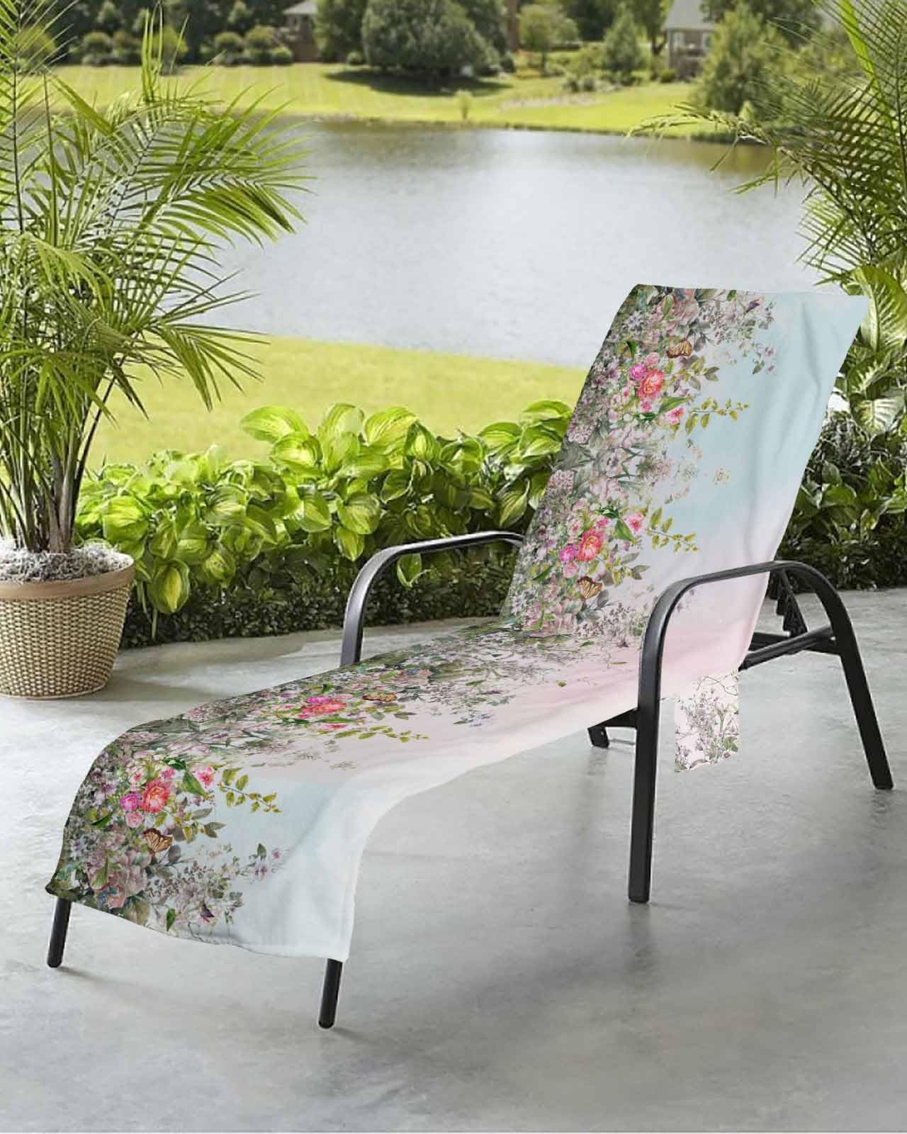 Spring Flower Beach Chair Towel Covers for Chaise Lounge With Side Pocket, Soft Plush Pool Towels Cover for Patio Sunbathing Outdoor 29''x85'' Butterflis Summer Pastoral Country French Plant