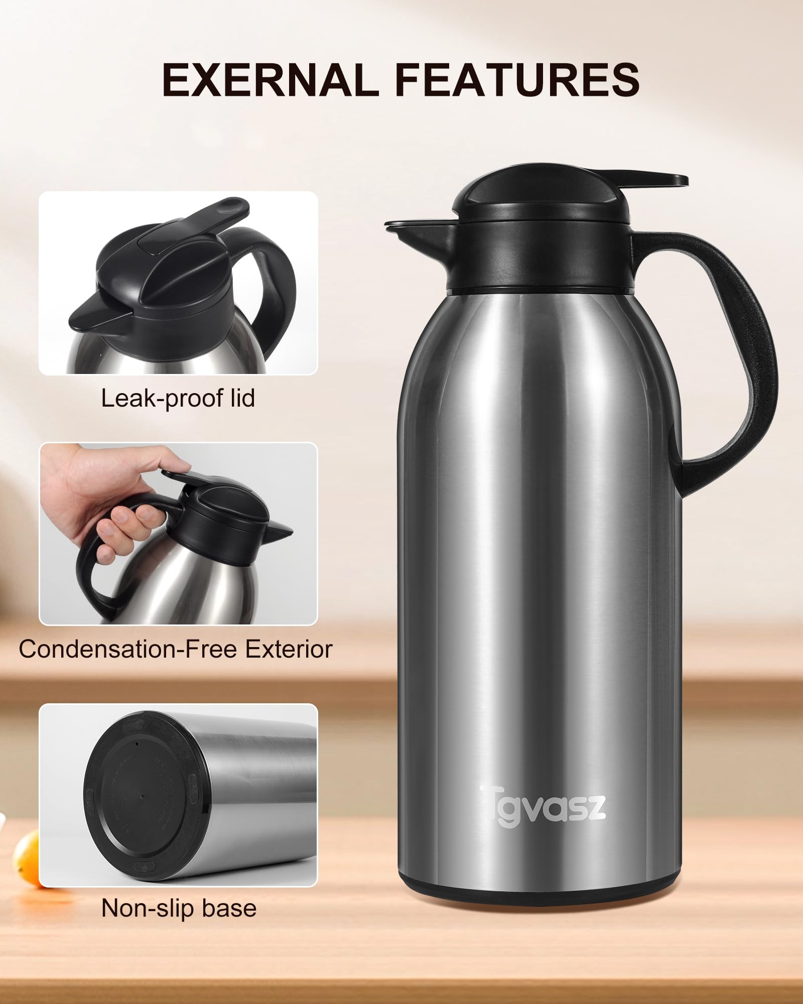 Jarra térmica de café de 104 onzas / 3 L, hasta 24 horas de calor, jarra de acero inoxidable aislada para líquidos calientes, jarras de café para mantener el calor para fiestas, jarra de té grande