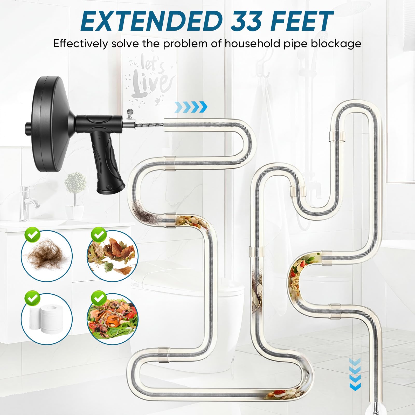 UNRMP 33 Ft Drain Snake Auger, Heavy Duty Plumbing Snake for Toilet, Sink, Tub, Shower, Clog Remover Drain Cleaner Tool with Gloves, Reusable Drain Auger for Household Clogs - 5