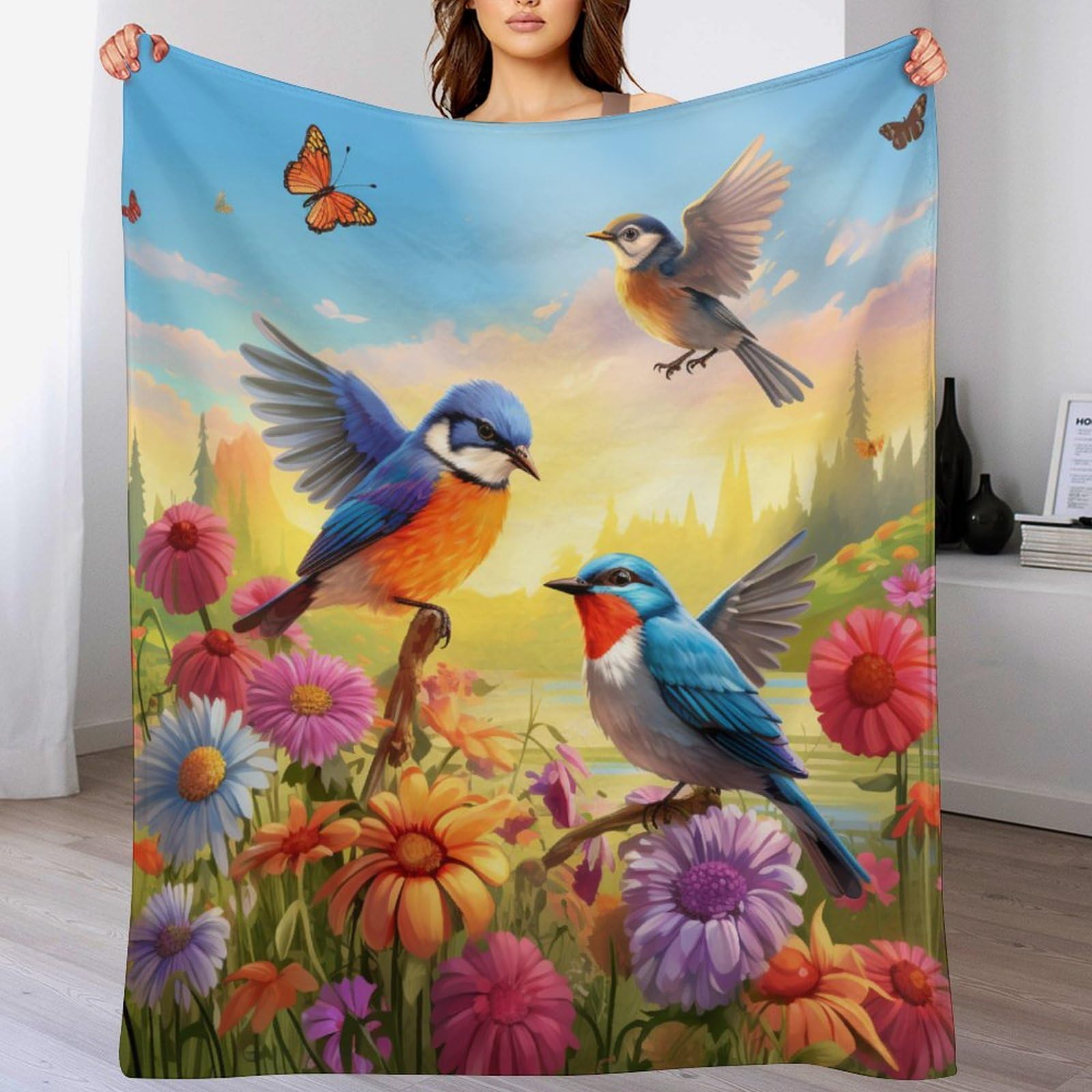 Couverture oiseau mignon en polaire de flannel douce et chaude 100x130 cm