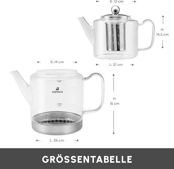 Karaca Dora Borosilikatglas Teekannen-Set mit Edelstahl-Teesieb 2 L Kessel & 1 L Glas Teekanne mit Sieb Turkish Tea Pot Caydanlik Türkischer Teebereiter für Kräutertee losen Tee XL