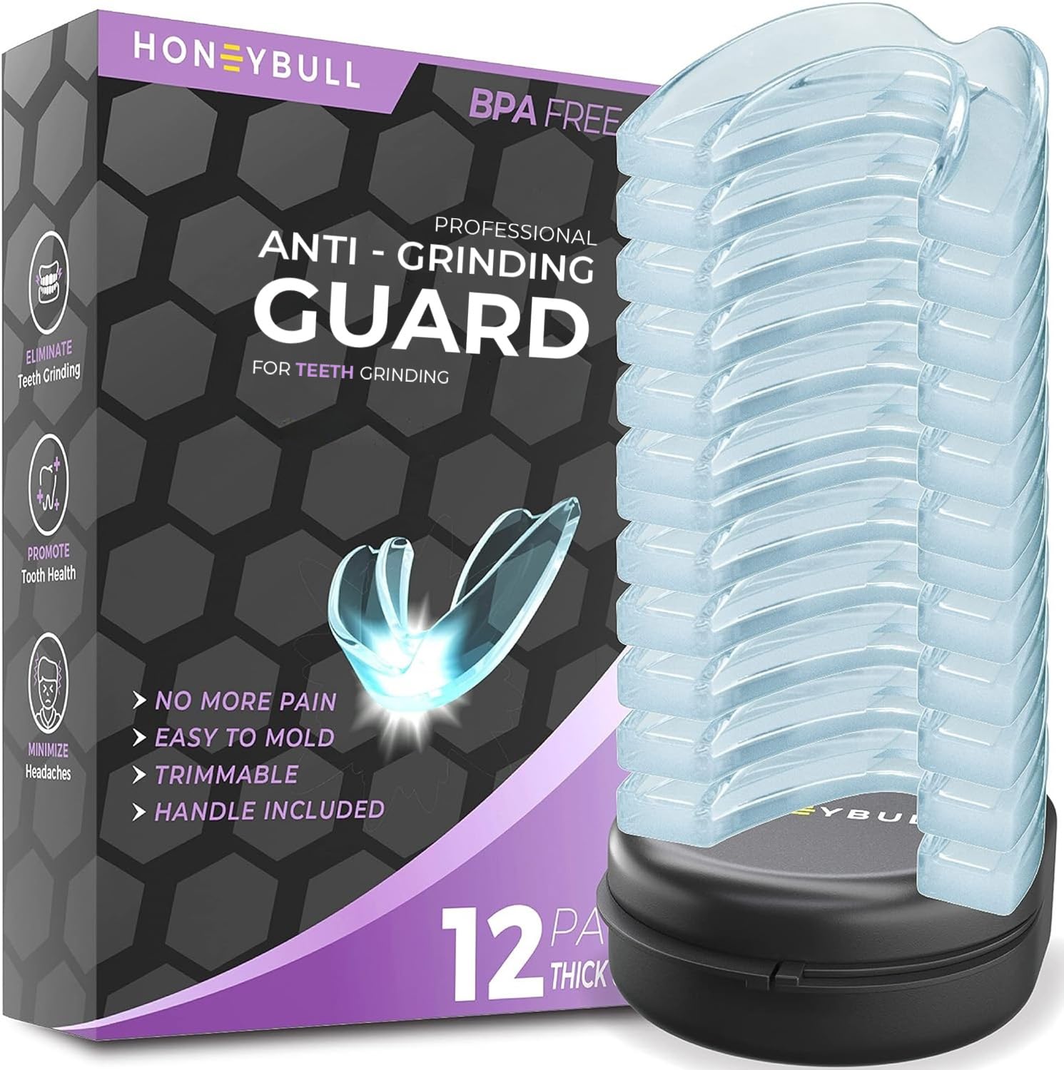 HONEYBULL Mouth Guard for Grinding Teeth [12 Pack] 1 Size for Heavy Grinding | Comfortable Custom Mold for Clenching at Night, Bruxism, Whitening Tray & Guard