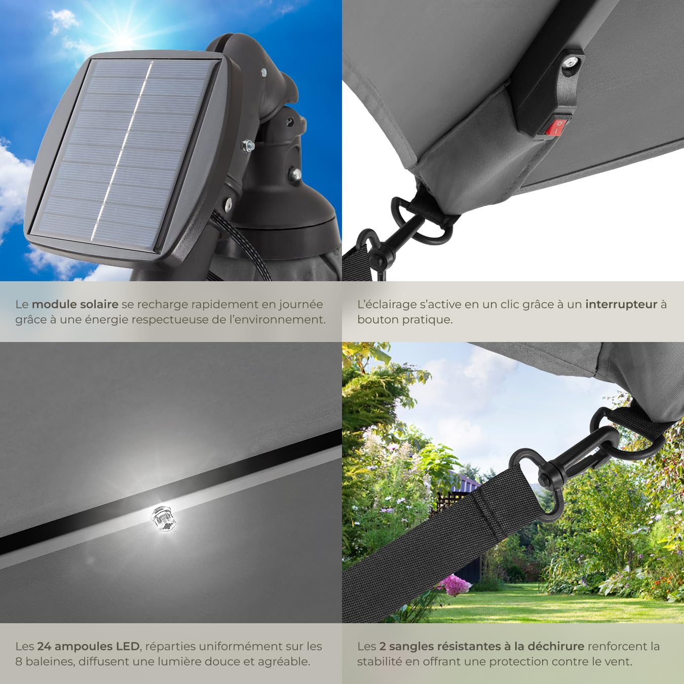 tectake® Parasol de Jardin Exterieur Parasol déporté à manivelle 2,5x2,5m avec éclairage LED solaire, Inclinable, Protection UV 50+ Résistant au vent, Housse de protection incluse, Salon de jardin