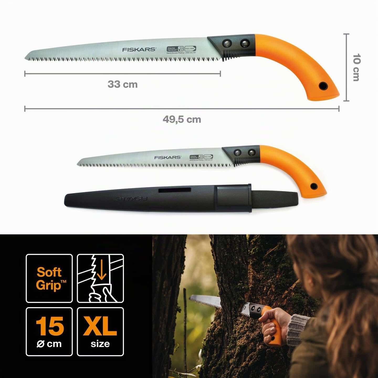 Fiskars Sierra para madera verde, Cuchilla fija, Funda de plástico incluida, Corte tirante, Longitud de cuchilla: 33 cm, Cuchilla de acero inoxidable, Negro/Naranja, SW84, 1001620