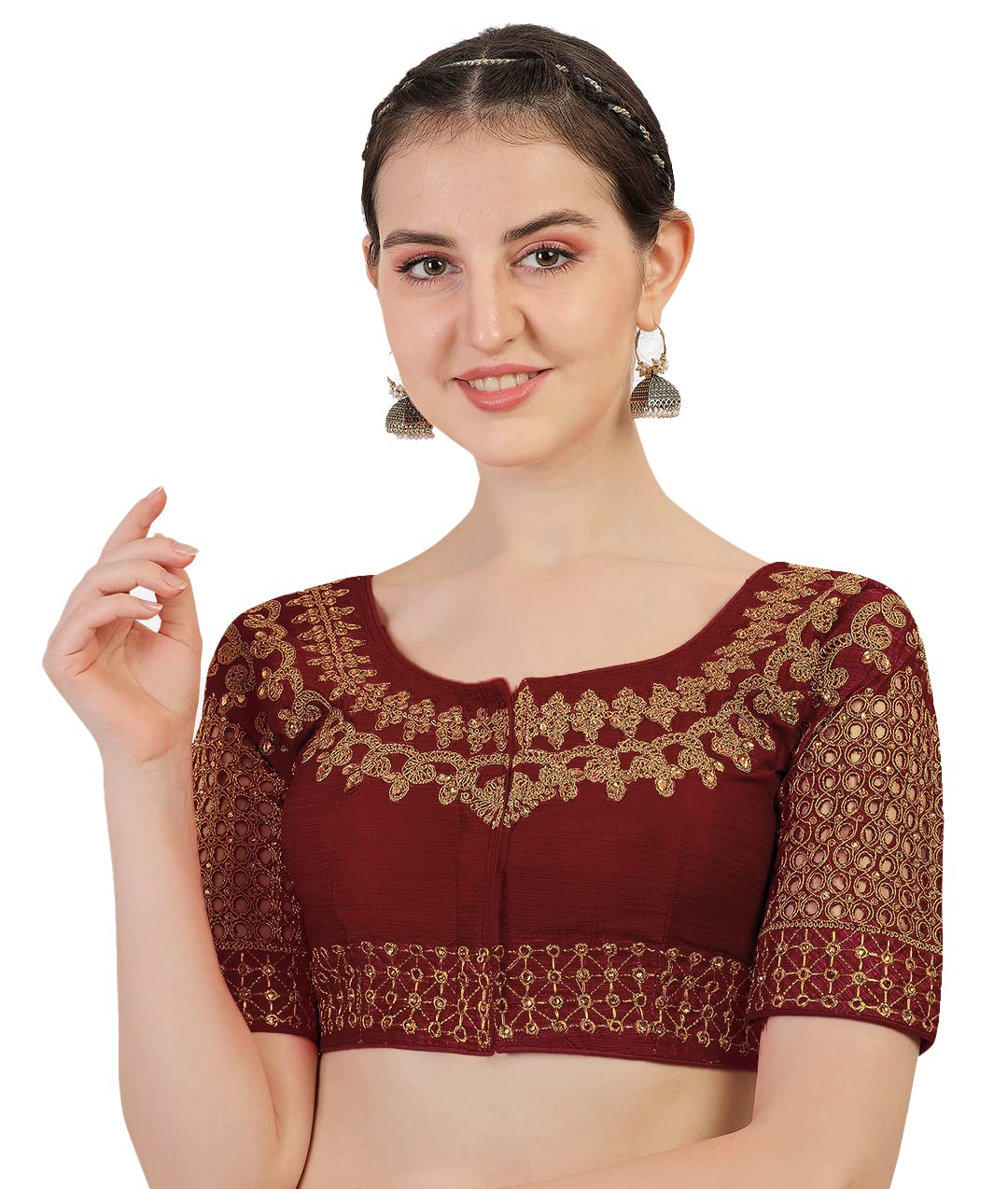 Pujia Mills Women's Silk Checks Half Sleeve Blouse (Jali New Variation Blouse_Maroon_Free Size)