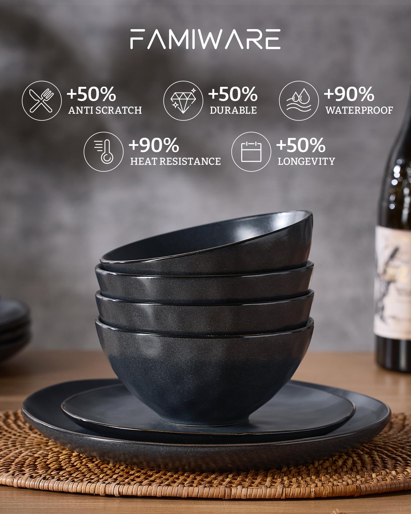 Famiware Service de table pour 4 personnes, océan rond, 12 pièces, noir mat