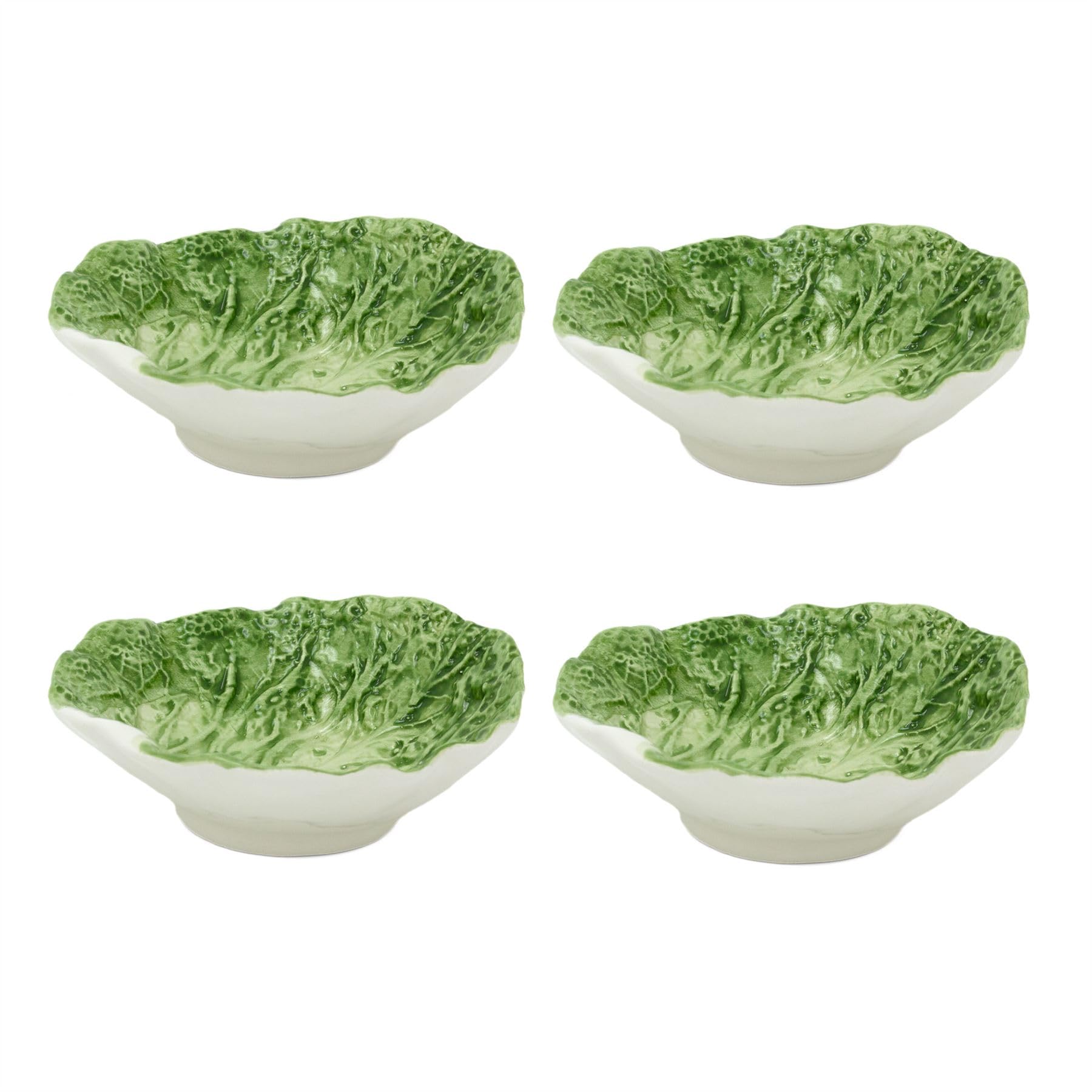 Carousel Home Pack of 4 Ceramic Cabbage Leaf Dishes | Green Leaf Serving Bowls for Snacks & Nibbles | Decorative Nature-Inspired Cabbage Plates - 15cm