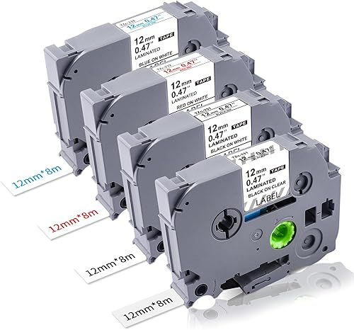 4PK - Cinta TZ de 0.47 pulgadas compatible con Brother TZe-231 TZe131232233 P Touch cinta de etiquetas de 0.47 pulgadas, cinta TZ laminada