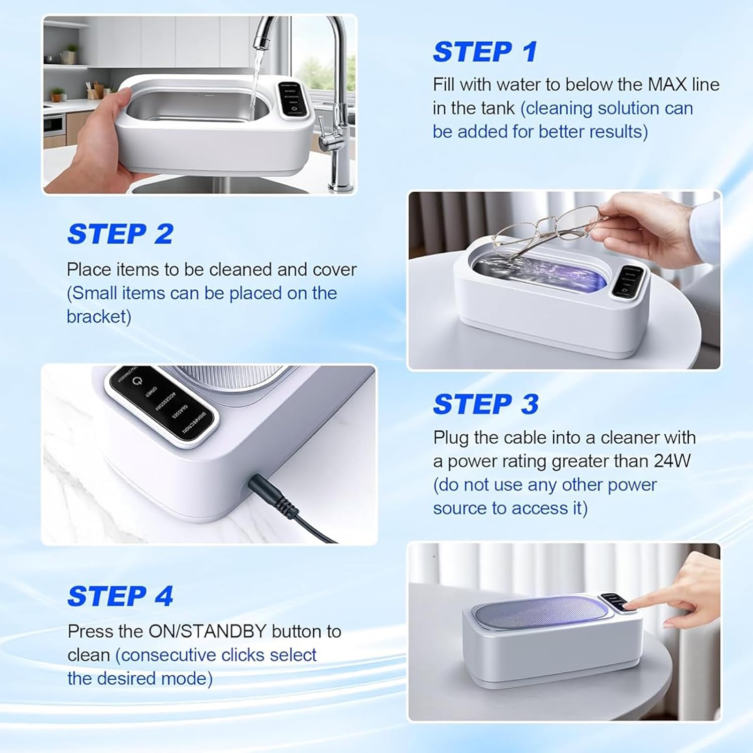 Ultrasonic Jewelry Cleaner,48kHz, 24W Professional Jewelry Cleaner, Eyeglass Cleaner, Retainer Cleaner with 4 Modes, 14oz 304 Stainless Steel Tank,Watch Stand,Tank for Gift
